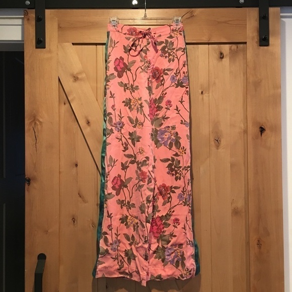 PAM & GELA Pink Floral Wide Leg Pants Green Tuxedo Stripe Size P - Picture 1 of 6